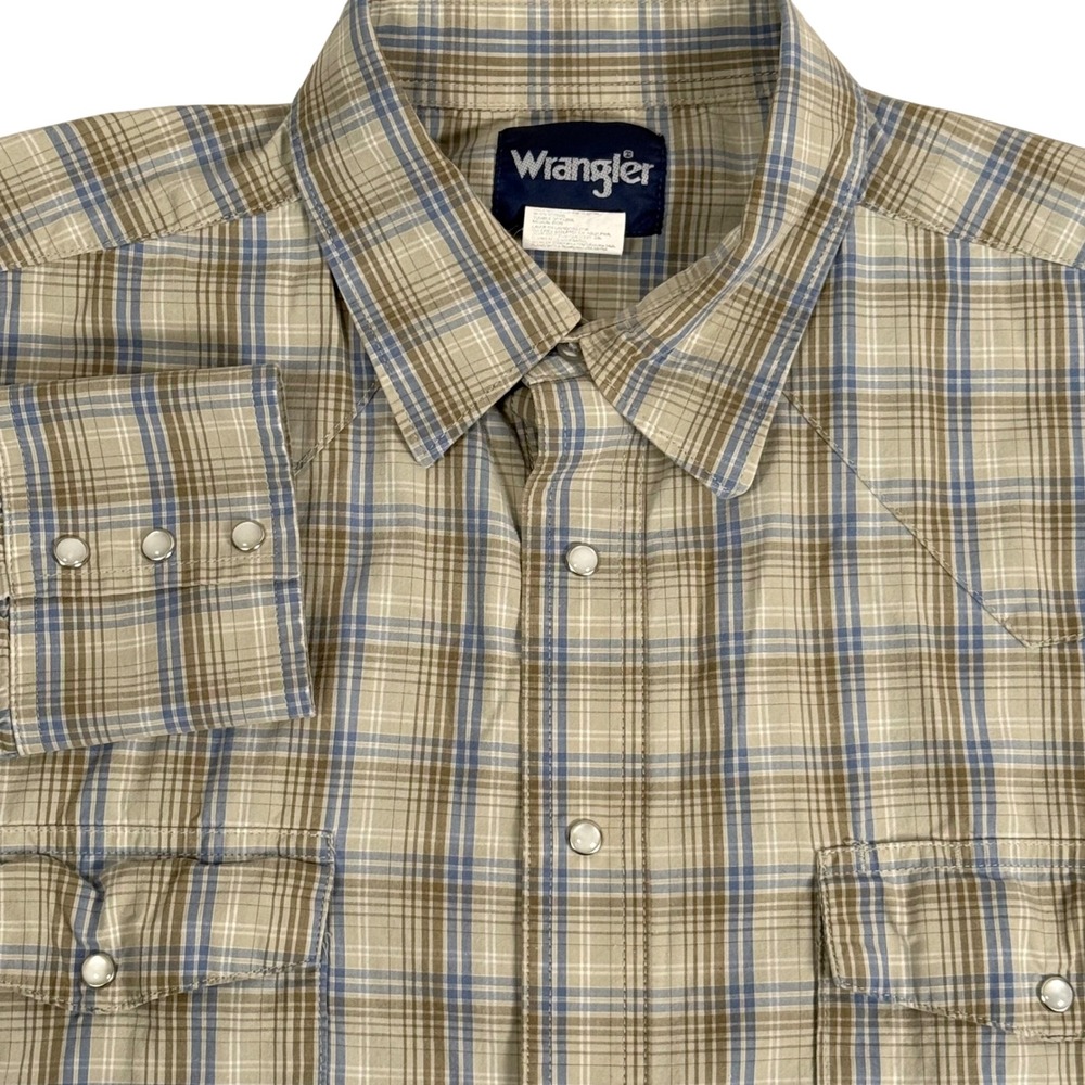 Wrangler‎ Plaid Pearl Snap Western Shirt Long Sleeve Flap Pockets Tan Mens XL